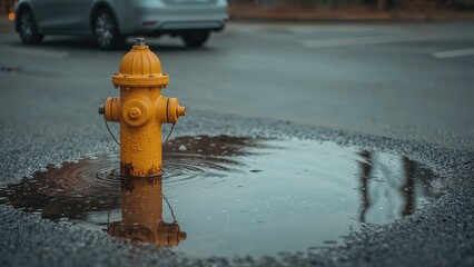 Fototapeta premium Reflection of a yellow fire hydrant in floodwater