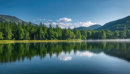 A stretch of water bordered by lush green trees