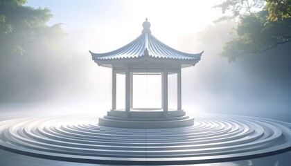 Viewing Gazebo on Circular Steps in Foggy Scenery