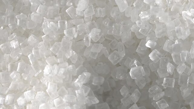 Macro video of white sugar particles. Close up texture of sugar.