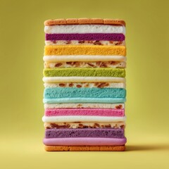 Tall colorful layered dessert cake stack on vibrant yellow background, playful creative food photography ideal for sweets, celebration, bakery, and advertising use