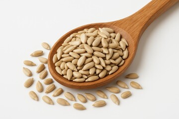 Spatula displaying peeled sunflower seeds on a plain white surface