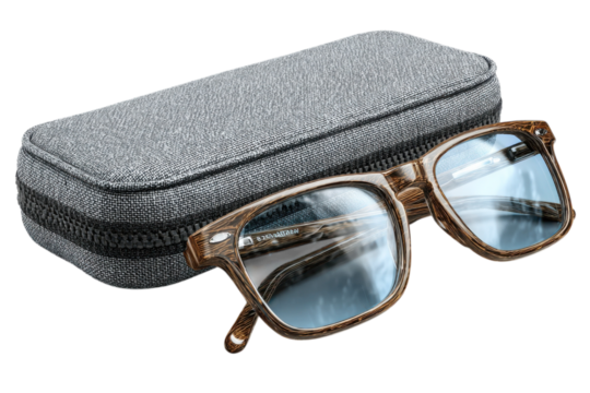Stylish wooden frame glasses with blue lenses and a gray textured case showcase eyewear on transparent background - Powered by Adobe