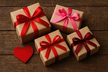 Holiday gift wrapping using retro paper and colorful bows displayed on rustic wood for celebrations