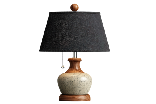 Elegant table lamp with a black shade and a speckled base provides ambient lighting for any room on transparent background