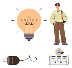 Young person beside an oversized glowing lightbulb with a power cord, AI interface, and certifications. Ideal for education, innovation, technology, creativity, knowledge, inspiration career growth