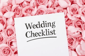 Wedding planning checklist on floral pink backdrop