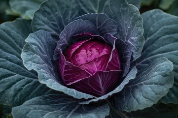 Fototapeta premium Garden-grown red cabbage nearing harvest with broad green foliage amidst a summer vegetable patch. Close-up on Brassica oleracea variety.
