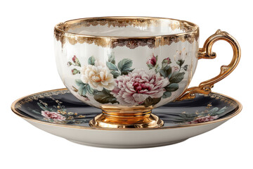 Elegant teacup and saucer set adorned with floral designs and gold trim for afternoon tea time on transparent background