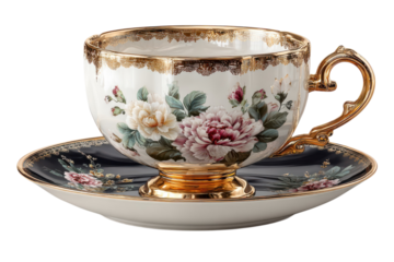 Elegant teacup and saucer set adorned with floral designs and gold trim for afternoon tea time on transparent background