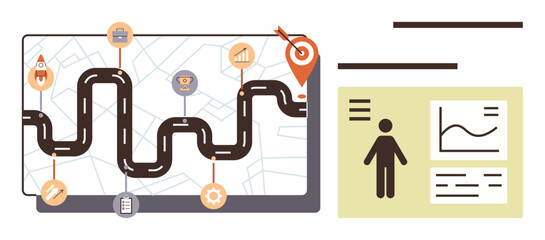 Curved path with milestones icons, marked target, and dashboard displaying graphs, data, and person silhouette. Ideal for goal setting, planning, project management, analytics progress teamwork