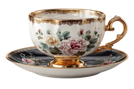 Elegant teacup and saucer set adorned with floral designs and gold trim for afternoon tea time on transparent background