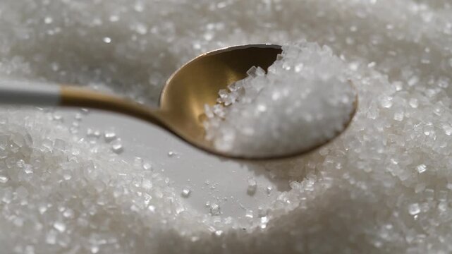 Macro video of white sugar particles. Close up texture of sugar.