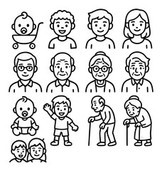 Illustrated icons of diverse ages and genders in black and white outline style