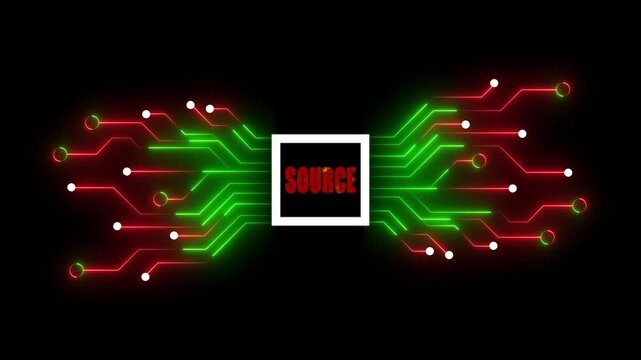 Abstract Circuit Board with Neon Red and Green Lines and the Word SOURCE source technology