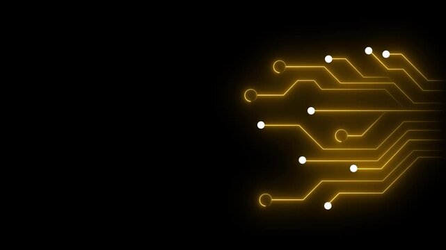 Abstract yellow neon circuit board lines and nodes on black background right aligned bright