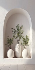 Minimalist white arch alcove with modern ceramic vases and olive branches in soft natural light, elegant interior decor scene for home design and lifestyle visuals