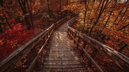 Wooden steps surrounded by the golden tones of fall foliage, evoking a charming and wistful mood