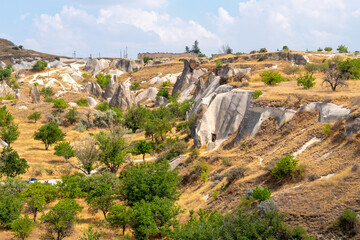 Volcanic rock formations landscape in Cappadocia, place of residence of ancient Christians