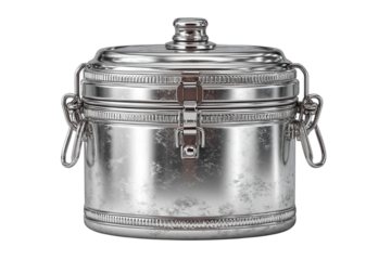 Shiny metal container with a secure latch for food storage and organization in a modern kitchen pantry on transparent background