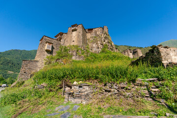 Old Fortress in mountain village Shatili, ruins of medieval castle. Khevsureti, Georgia