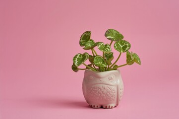 Fototapeta na wymiar Small juvenile houseplant featuring heart-shaped leaves against a pink backdrop. Succulent planted in a whimsical owl-shaped decorative pot. Focused close-up, vertical orientation.