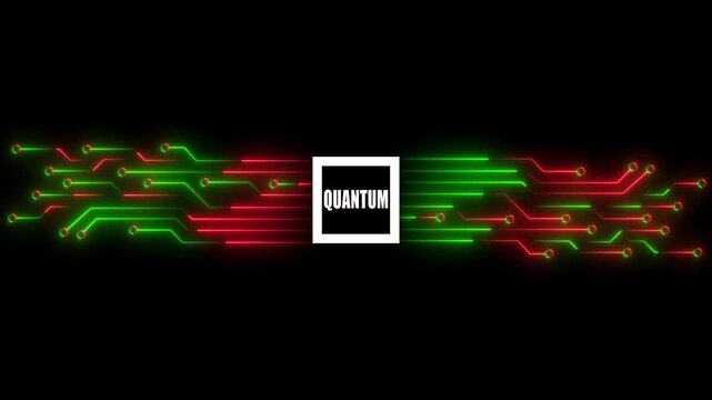 Glowing quantum circuit with red and green neon lines and the word QUANTUM in a central square