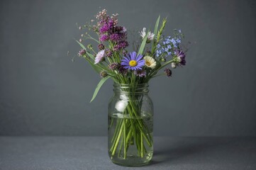 Colorful wildflower bouquet in a transparent jar during spring and summer