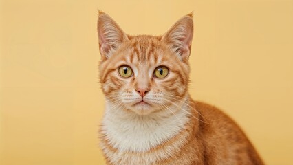Fototapeta premium Green-eyed cat captured up close on a light yellow surface with room for writing