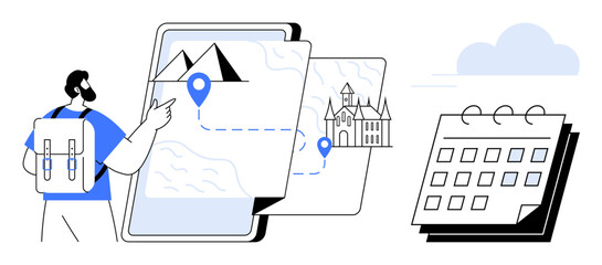 Traveler with a backpack interacting with a digital map showing landmarks and routes. Nearby, a calendar symbolizes trip scheduling. Ideal for travel, tourism, planning, adventure, navigation