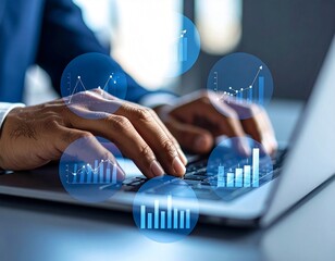 Realistic male hands typing with finance bar chart overlay, modern business concept.
