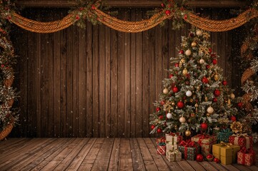 Festive winter season ornaments hanging on rustic twine with snowy backdrop