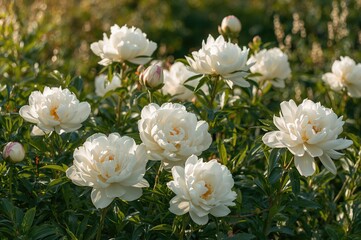 Lush white peonies flourish amidst vivid greenery in a serene spring setting.