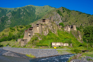 Old Fortress in mountain village Shatili, ruins of medieval castle. Khevsureti, Georgia