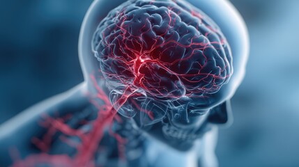Medical illustration of brain stroke with the affected area highlighted in red colour. Neural connections in human brain. Healthcare and therapy concept