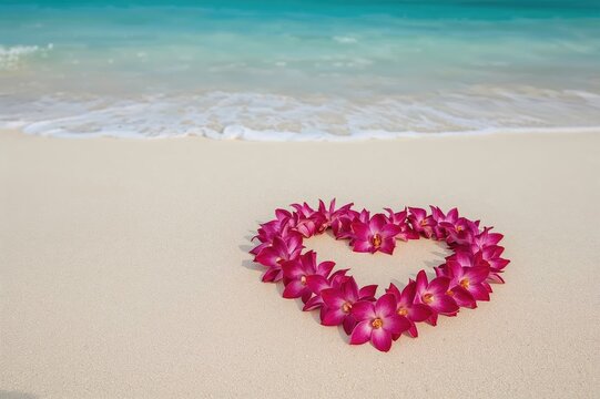 Romantic honeymoon getaway with heart-shaped flower lei on pristine white sand beach featuring pink orchid necklace in a tropical paradise.
