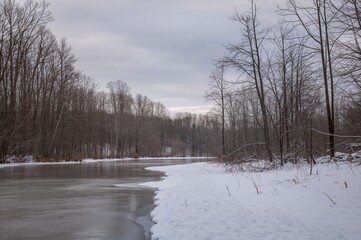 Winter river scene surrounded by forest