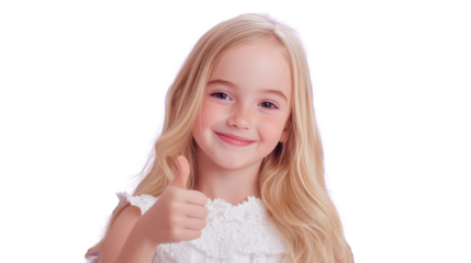 A cheerful 10-year-old blonde girl with a big smile, wearing a white dress, showing a thumbs-up gesture. png