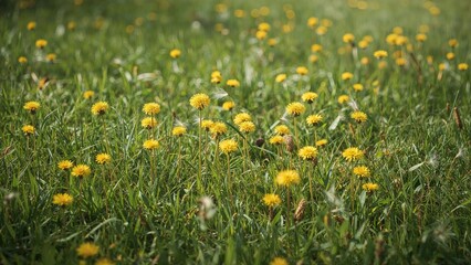Fototapeta premium Warm and Sunny Spring Day with Vibrant Yellow Dandelions in the Grass