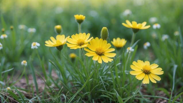 Yellow Coreopsis basalis blooming amidst grass during the beginning of summer