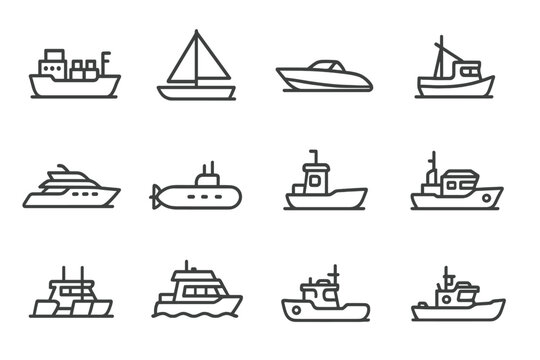 Fototapeta Patrol boat icon sailboat yacht marine ship catamaran submarine vessel vector icons
