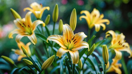 Beautiful yellow lily flowers in a lush garden scene with a colorful background