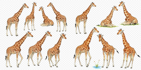 A collection of realistic giraffe illustrations showing the animals in various natural poses like standing, walking, and sitting. © studio