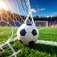 Soccer ball nestled in a stadium goal