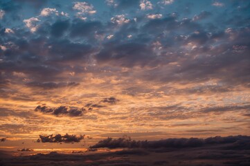 Wide-angle perspective of a sunset with golden and blue hues in a natural setting
