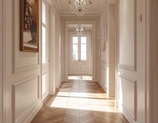 The hallway of an apartment of Europe features white walls and wooden floor tiles. The interior design is modern classic, with herringbone parquet floors made of oak
