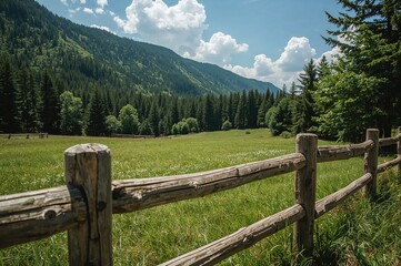 Fototapeta premium Wooden barrier dividing the meadow and woodland in a mountainous area