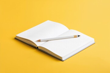 White open notebook and pencil on a yellow surface