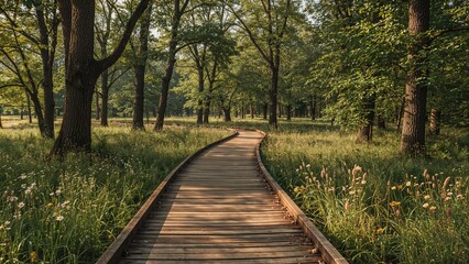 Obraz premium Wooden trail through woodland