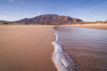 Waves gently rolling onto a sandy shore